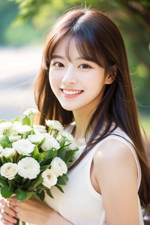 Create an image of a young woman around 25 years old, inspired by the provided image. The woman should have long, flowing hair and a gentle smile, holding a bouquet of flowers similar to the one in the reference. The setting should be a beautiful outdoor environment with greenery in the background, reminiscent of a sunny day. The woman should have a slightly more  appearance while maintaining a warm and friendly expression. Ensure the lighting and color tones are soft and natural, highlighting her youthful yet maturey.