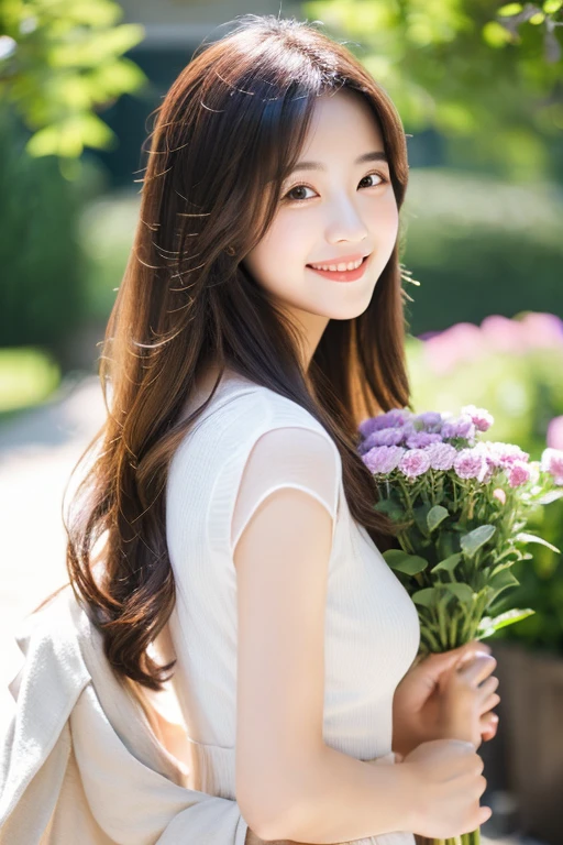 Create an image of a young woman around 25 years old, inspired by the provided image. The woman should have long, flowing hair and a gentle smile, holding a bouquet of flowers similar to the one in the reference. The setting should be a beautiful outdoor environment with greenery in the background, reminiscent of a sunny day. The woman should have a slightly more mature appearance while maintaining a warm and friendly expression. Ensure the lighting and color tones are soft and natural, highlighting her youthful yet mature beauty.