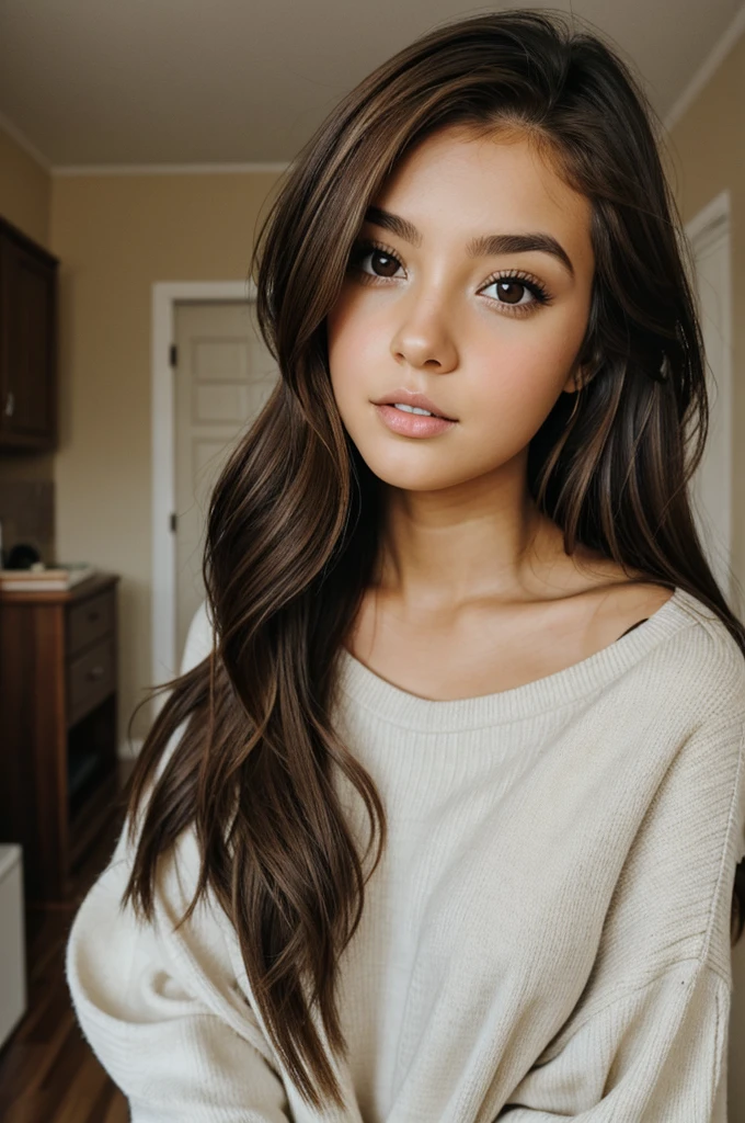 Girl with brown hair and brown eyes inside room 