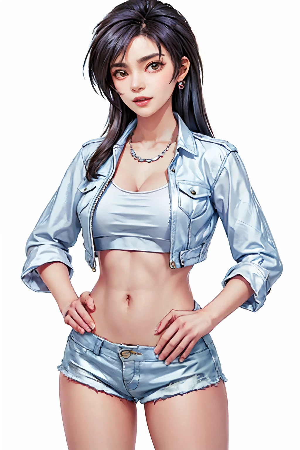 masterpiece, best quality, long hair, standing girl, full body, Simple White Background, mio serizawa, tied shirt, leather jacket, midriff, navel, micro shorts, leather shoes, glamour, beauty face, earrings, knuckles, long legs