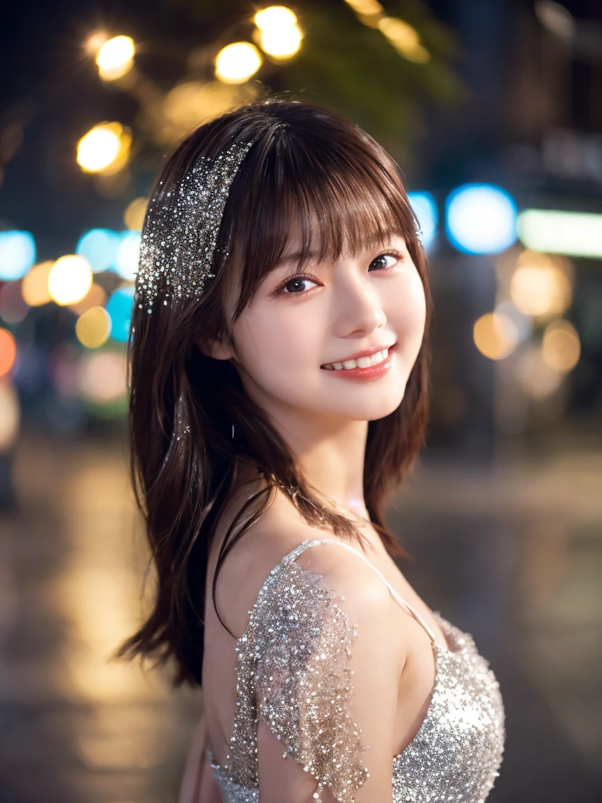 1 Girl, (Wearing a white glitter dress:1.2), (RAW Photos, Highest quality), (Realistic, Realistic:1.4), Tabletop, Very delicate and beautiful, Very detailed, 2k wallpaper, wonderful, finely, Very detailed CG Unity 8K 壁紙, Very detailedな, High resolution, Soft Light, Beautiful detailed girl, Very detailed目と顔, Beautiful and sophisticated nose, finelyて美しい目, Cinema Lighting, City lights at night, Perfect Anatomy, Slender body, smile