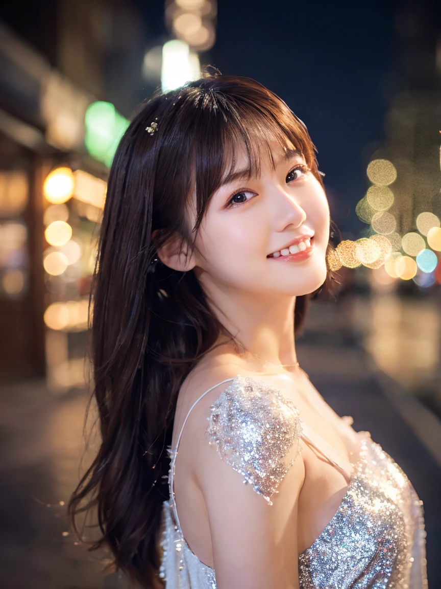 1 Girl, (Wearing a white glitter dress:1.2), (RAW Photos, Highest quality), (Realistic, Realistic:1.4), Tabletop, Very delicate and beautiful, Very detailed, 2k wallpaper, wonderful, finely, Very detailed CG Unity 8K 壁紙, Very detailedな, High resolution, Soft Light, Beautiful detailed girl, Very detailed目と顔, Beautiful and sophisticated nose, finelyて美しい目, Cinema Lighting, City lights at night, Perfect Anatomy, Slender body, smile