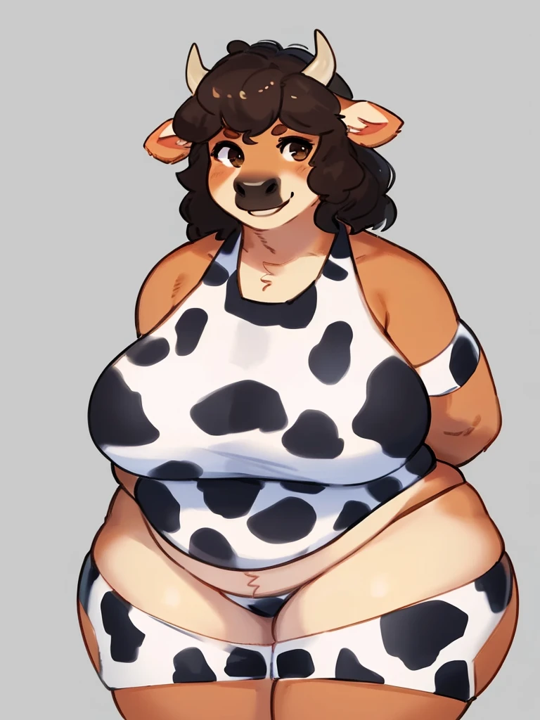 By bebebebebe, by lostgoose, by goonie-san, solo, female, bovine, cow, ((dairy cow)), white fur, black spots, medium hair, wavy hair, horns, black nose, smiling, enormous massive gigantic big large fat absurde breasts,enormous massive gigantic big large mammale, curvy, thicc, cow print, european city, brick road, hands behind back, happy, looking at viewer, slightly chubby,bbw,fat cow