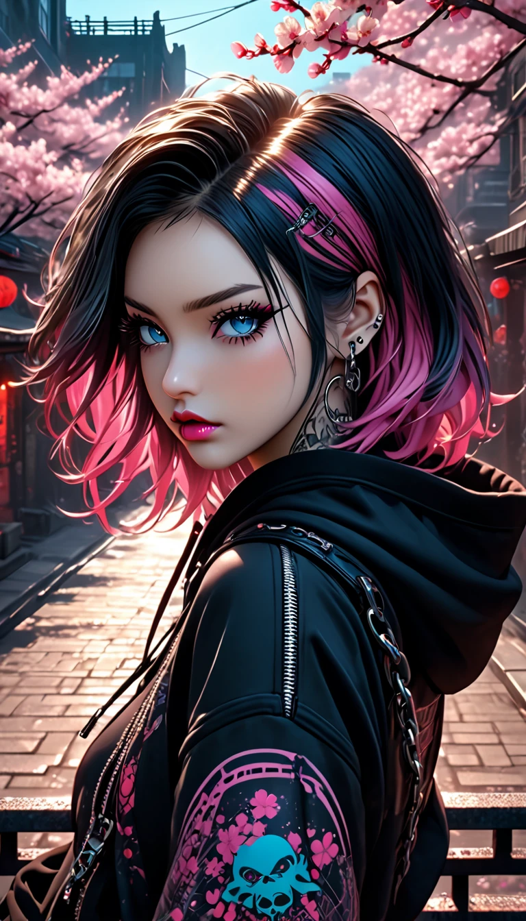 (Perfect Masterpiece, Highly Detailed CG UNITY 32K UHD Quality Resolution Wallpaper, Photorealistic, RAW Photo, Perfect Photogenic Clarity, Official Art, Award Winning Portrait, Super Super Realistic, Super Super Detailed , shiny realistic skin, ray tracing, glowing ambient light), the most beautiful and sexy gothic punk girl, anime style, anime girl, Hatsune Miku (gothic hairstyle colorful hair: 1.3) of vivid moonlight Eyes, long detailed eyelashes, blush, pouty pink lips, beautiful eyes, (Detailed Gothic makeup: 1.3) (Sexy style), (Highly detailed Harajuku style with lots of straps, zippers, buckles and chains Gothic punk hoodie and skirt: 1.3) Lots of tattoos and piercings, sitting with her back arched in a sexy and seductive slutty pose, looking back towards the viewer, close-up POV camera view from above, wind Blowing cherry blossoms, gothic cyberpunk city background