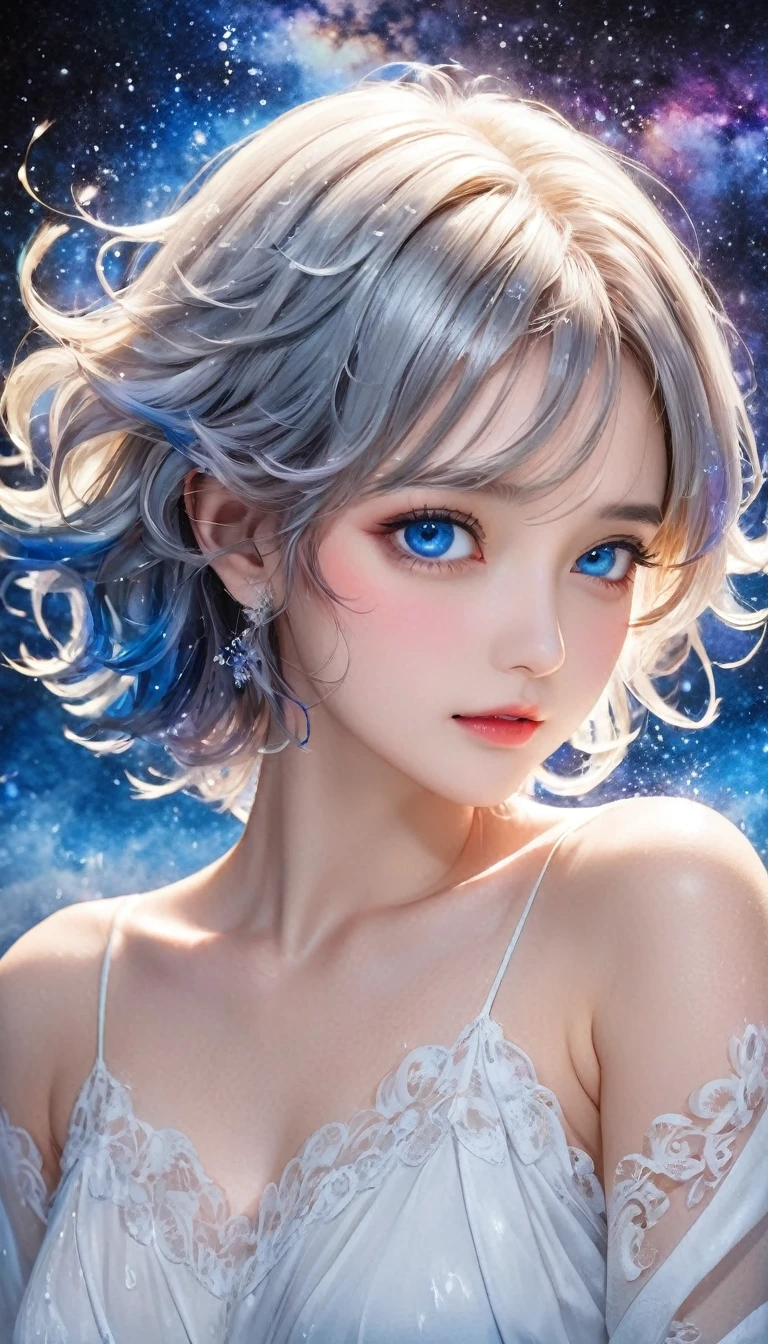 beautiful princess, white messy wavy hair, attractive and seductive expression, great Proportions, blue eyes, milky way, galaxy, 2.5D, delicate and dynamic, fusion of watercolors and oil paintings, fusion of paper cutting and shadow puppetry, magic of vivid color shades and contrasts, gradation, wet in wet, water splash, foggy filter effect, Japanese paper quality, abstract part