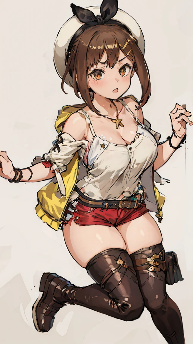 (Highest quality, 8K, masterpiece :1.3),Lizaリン・シュタウト(Lizaのアトリエ),Liza, One woman,Large Breasts,short hair,Brown Hair,hair band,Clothing,hat,White shirt,White camisole,Red shorts,Brown long boots,Full Nelson,Leg spread,nsfw,Plump body,Thighs