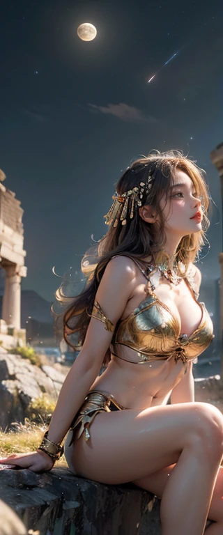 ((masterpiece, Highest quality, Best image quality, High resolution, Realistic, RAW Photos, 8K)), ((High-definition CG synthesis 8K wallpaper)), floating, Profile of a woman sitting on a giant crescent moon in the night sky, Ancient Greek Clothing 