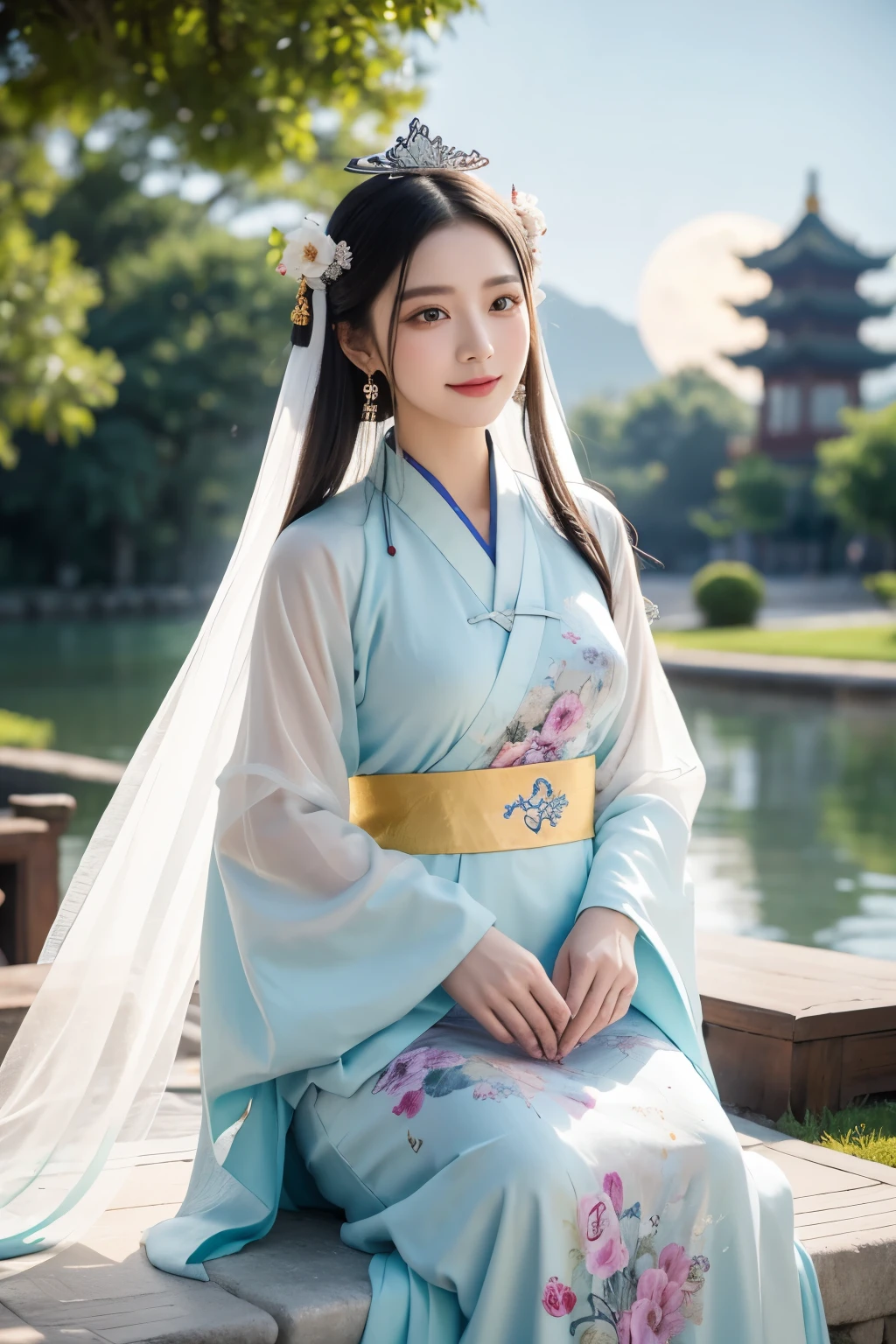 a beautiful woman in a colorful dress with a moon in the background, palace, godness, a girl in hanfu, happy smile, wearing ancient chinese clothes, ethereal beauty, inspired by Qiu Ying, white hanfu, inspired by Lan Ying, a beautiful fantasy empress, lunar goddess, a beautiful fantasy empress, ancient chinese princess, inspired by Luo Mu, masterpiece, UHD, 48K.