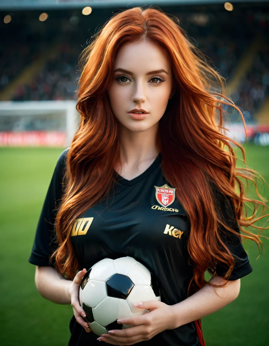 ultra realistic, photography, long red hair, girl, 24 years old, hourglass figure, perfect body, Flirty look, beautiful detailed woman, intricate and detailed face, long lush hair, soft lighting, photorealistic, high quality, cinematic, dramatic, warm color tones, facing the camera, Nikon z fx, lens 35 mm, blur background, at a soccer stadium, she is in tight sexy soccer jersey and shorts, she is holding a football in her hands