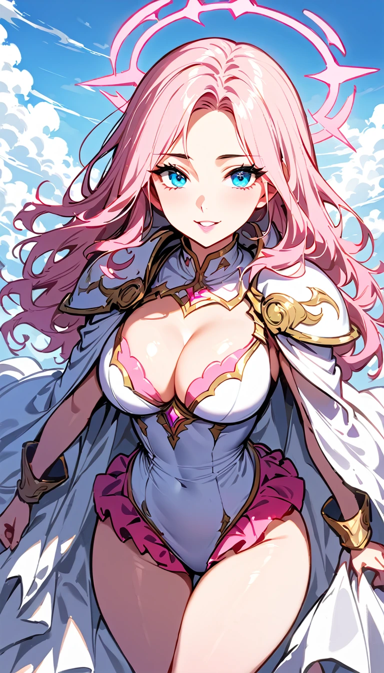 (high quality, 8k, 4K, high contrast, artwork:1.2, high quality, best aesthetics), (centered), ((1 woman)), erotic, sensual, mature body, super detailed, beautiful face detailed, beautiful eyes detailed, detailed beautiful mouth, sexy body, perfect breats, perfect wide thighs, (light pink hair, long light pink hair, wavy light pink hair), (blue eyes), (white medieval armor with pink details), (pink ruffed skirt), (shoulder pads), (cleavage on breasts), (medium breasts), (long white cape), (thighs showing), (pink angel halo), (calm expression), (standing), (looking at the viewer), (above the clouds), (clear blue sky), (front view)