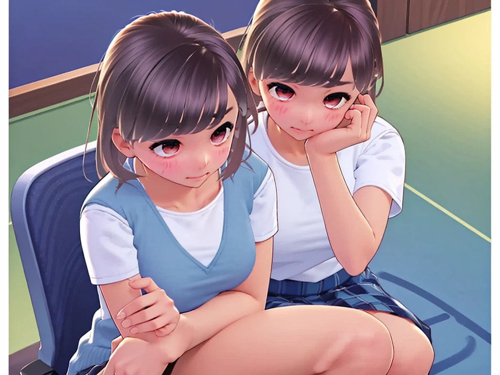 Because my stomach hurts、Put your hand on your stomach、Sit down、Blushing、A slightly painful expression、One female student、solo