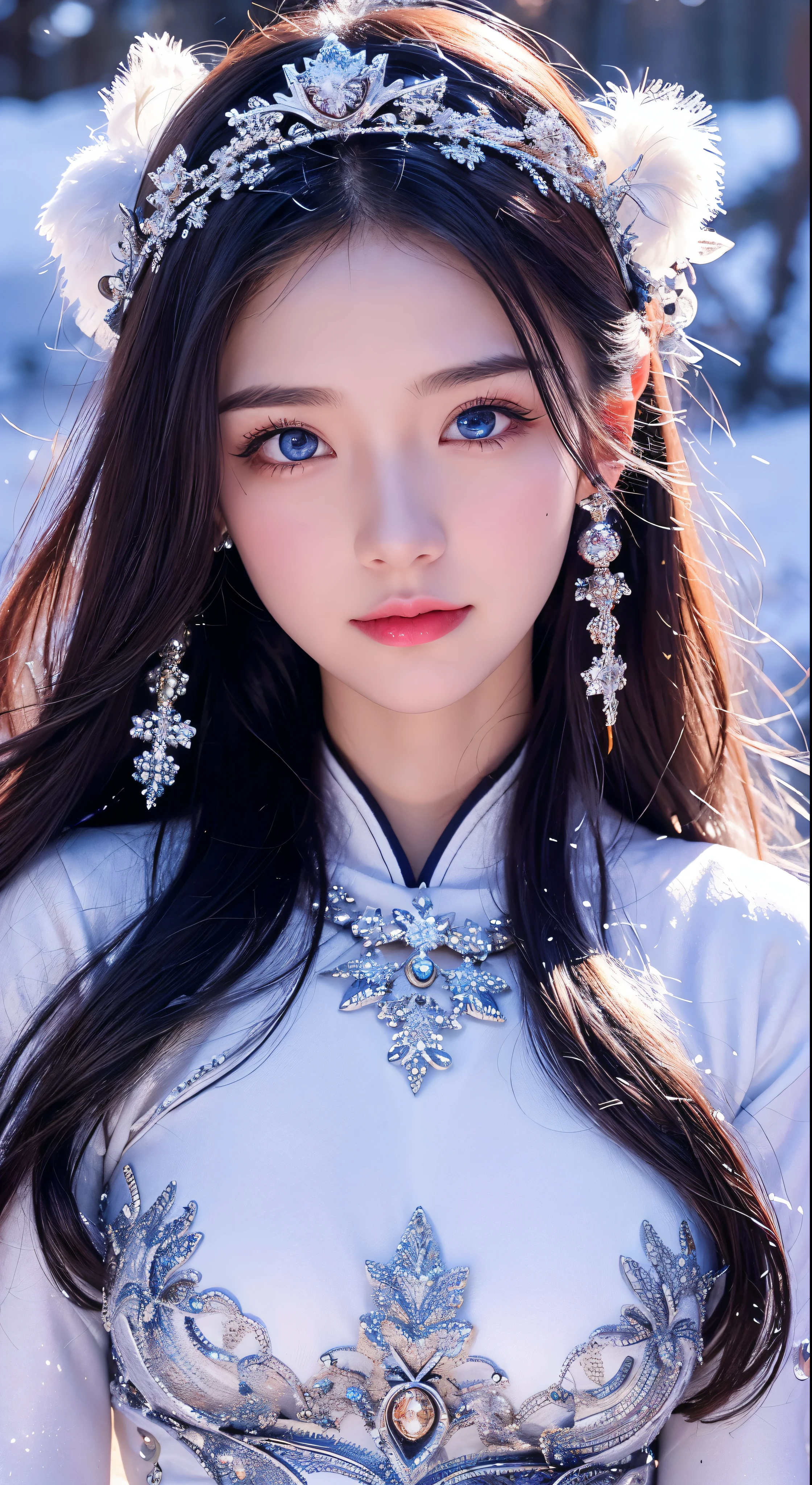 Best texture, high quality, ultra HD, 8K, full body photo, panoramic picture, snow, flying snowflakes, dancing in the snow, girl, full of Miao silver jewelry, Miao clothing, silver phoenix crown, melon seed face, ultra-detailed face, blue eyes, long eyebrows, fair skin, silver long hair, flowing long hair, rising with the wind, snowflake colorful gifts, realistic, very detailed, high detail, ultra-clear,
