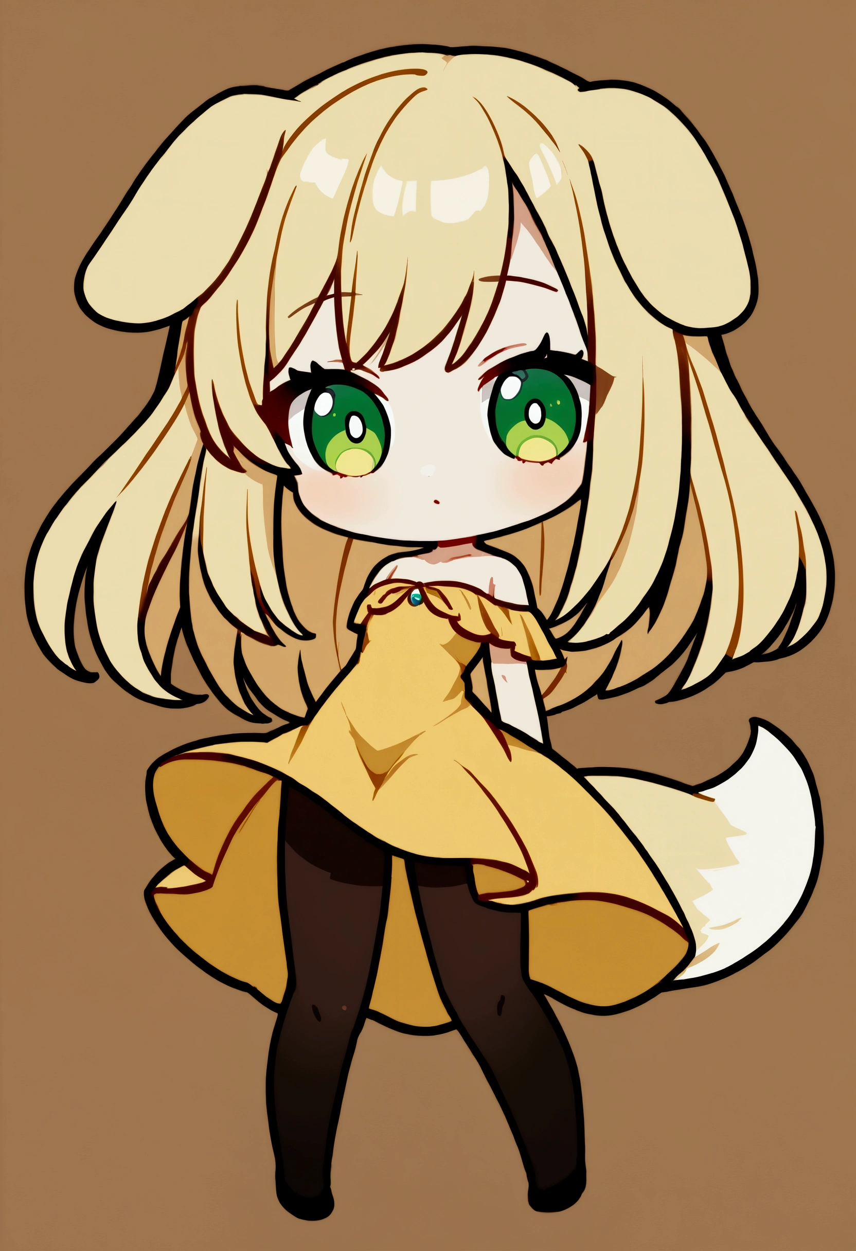 1girl with long blonde hair, green eyes, floppy dog ears, dog tail, golden dress with open shoulders, black stockings, chibi style, slender body