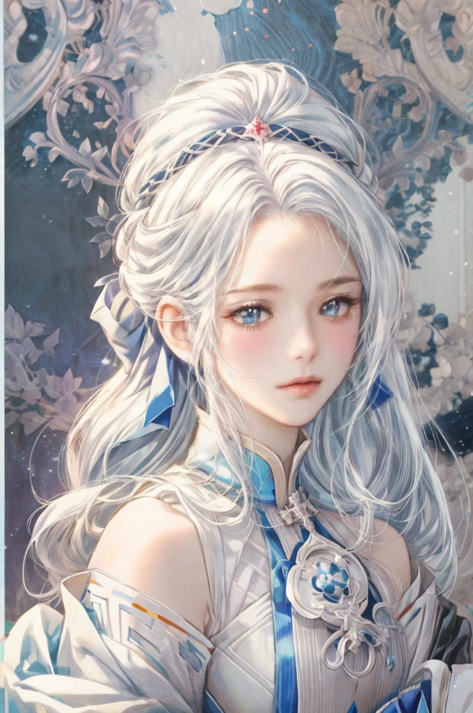 Anime style image,A woman with long white hair and blue eyes, Smooth anime CG art, Produced in collaboration with Anime Painter Studio, In the anime painter studio, Realistic anime girl rendering, Detailed digital anime art, Detailed portrait of anime girl, White hair girl, Rendering a cute 3D anime girl, Portrait Anime Girl, April Rendering, Female Saint Fantasy, Symmetrical eyes, Symmetrical face, Natural Beauty, beautiful girl, Perfect face, Perfect eyes, blush