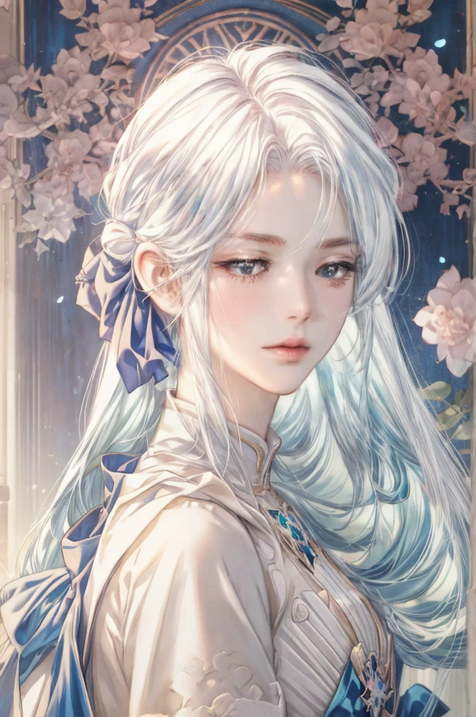 Anime style image,A woman with long white hair and blue eyes, Smooth anime CG art, Produced in collaboration with Anime Painter Studio, In the anime painter studio, Realistic anime girl rendering, Detailed digital anime art, Detailed portrait of anime girl, White hair girl, Rendering a cute 3D anime girl, Portrait Anime Girl, April Rendering, Female Saint Fantasy, Symmetrical eyes, Symmetrical face, Natural Beauty, beautiful girl, Perfect face, Perfect eyes, blush