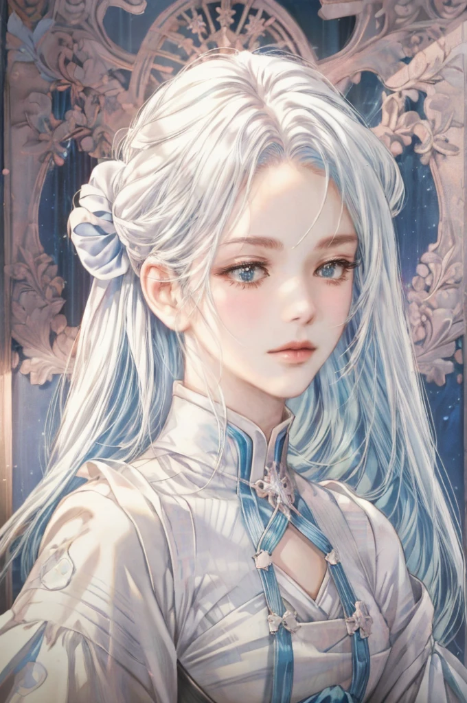 Anime style image，A woman with long white hair and blue eyes, Smooth anime CG art, Produced in collaboration with Anime Painter Studio, In the anime painter studio, Realistic anime girl rendering, Detailed digital anime art, Detailed portrait of anime girl, White hair girl, Rendering a cute 3D anime girl, Portrait Anime Girl, April Rendering, Female Saint Fantasy, Symmetrical eyes, Symmetrical face, Natural Beauty, beautiful girl, Perfect face, Perfect eyes, blush