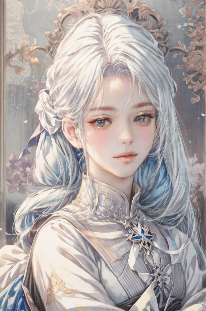 Anime style image,A woman with long white hair and blue eyes, Smooth anime CG art, Produced in collaboration with Anime Painter Studio, In the anime painter studio, Realistic anime girl rendering, Detailed digital anime art, Detailed portrait of anime girl, White hair girl, Rendering a cute 3D anime girl, Portrait Anime Girl, April Rendering, Female Saint Fantasy, Symmetrical eyes, Symmetrical face, Natural Beauty, beautiful girl, Perfect face, Perfect eyes, blush