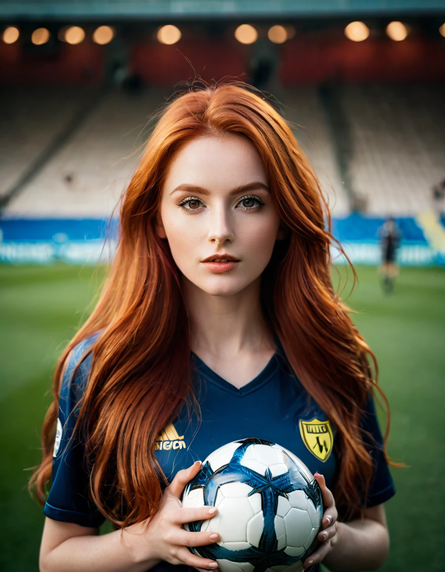 ultra realistic, photography, long red hair, girl, 24 years old, hourglass figure, perfect body, Flirty look, beautiful detailed woman, intricate and detailed face, long lush hair, soft lighting, photorealistic, high quality, cinematic, dramatic, warm color tones, facing the camera, Nikon z fx, lens 35 mm, blur background, at a soccer stadium, she is in tight soccer jersey and shorts, she is holding a football in her hands