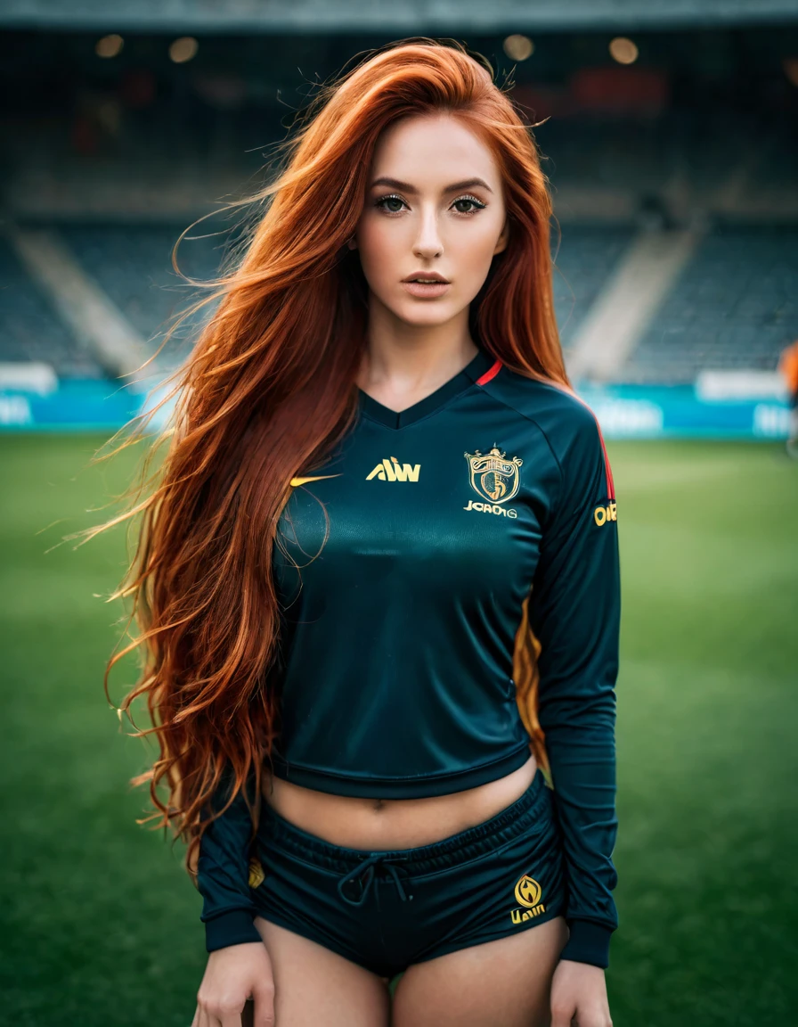 ultra realistic, photography, long red hair, girl, 24 years old, hourglass figure, perfect body, Flirty look, beautiful detailed woman, intricate and detailed face, long lush hair, soft lighting, photorealistic, high quality, cinematic, dramatic, warm color tones, facing the camera, Nikon z fx, lens 35 mm, blur background, at a soccer stadium, she is in tight soccer jersey and shorts, she is holding a football in her hands