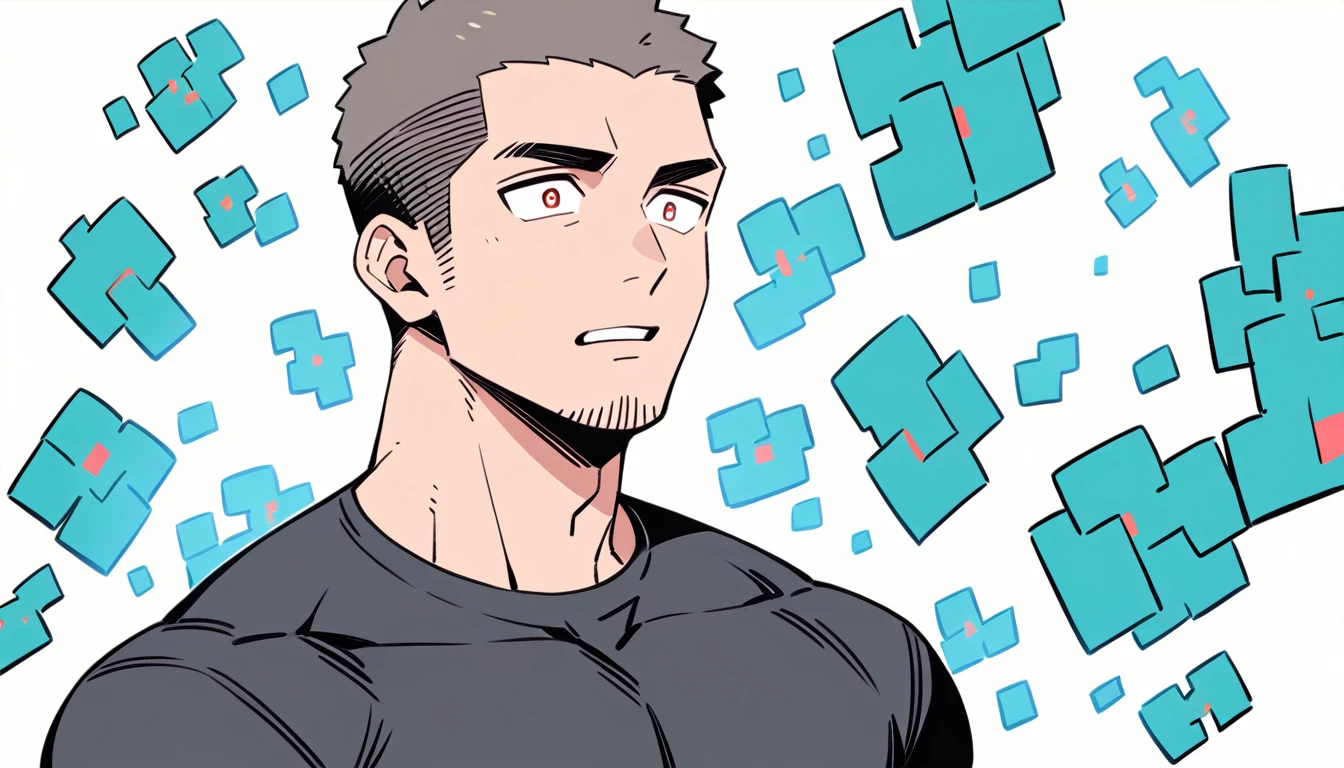 anime characters:Priapus, Muscle Sports Student, Buzz Cut, Manliness, male focus, Light Grey high collar long sleeve tight T-shirt, Very tight, Round, full and perky chest muscles, muscular male, muscular, only, Upper body, alone, Black short hair, Thick eyebrows, stubble, Brown-red pupils, White background, simple background, amazing quality, best aesthetics, Ridiculous, crew cut, parted lips, flustered, endured face, best quality