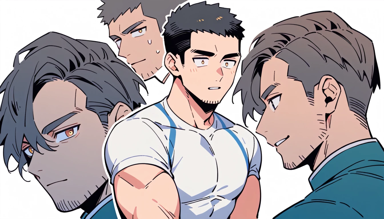 anime characters:Priapus, Muscle Sports Student, Buzz Cut, Manliness, male focus, Light Grey high collar long sleeve tight T-shirt, Very tight, Round, full and perky chest muscles, muscular male, muscular, only, Upper body, alone, Black short hair, Thick eyebrows, stubble, Brown-red pupils, White background, simple background, amazing quality, best aesthetics, Ridiculous, crew cut, parted lips, flustered, endured face, best quality