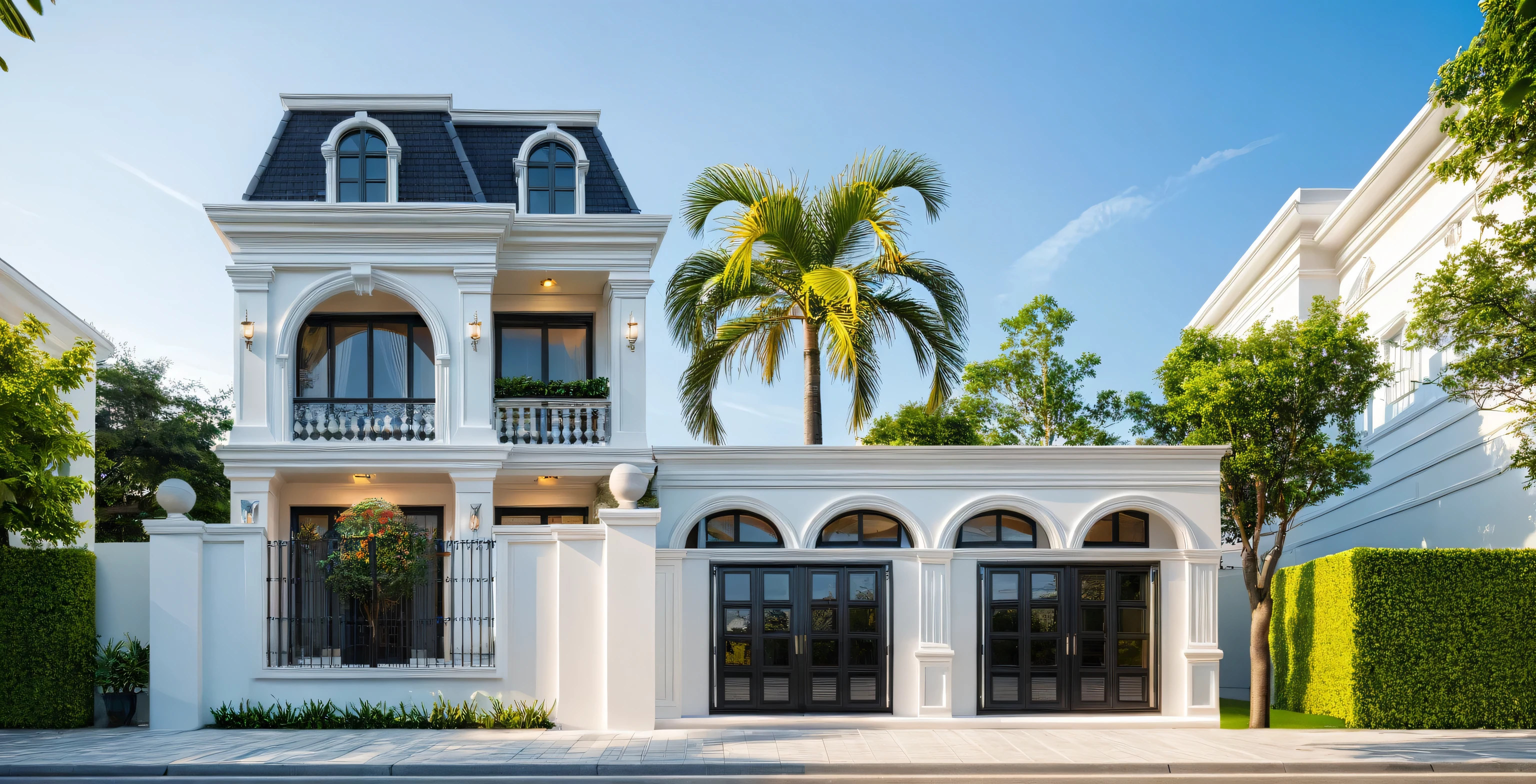 neo classical villa on street, (daylight), tropical tree, vivid colour, streetcapes, white tone, nice detail, white wall, large glass door, warm interior lighting, best quality, masterpiece, ultra realistic