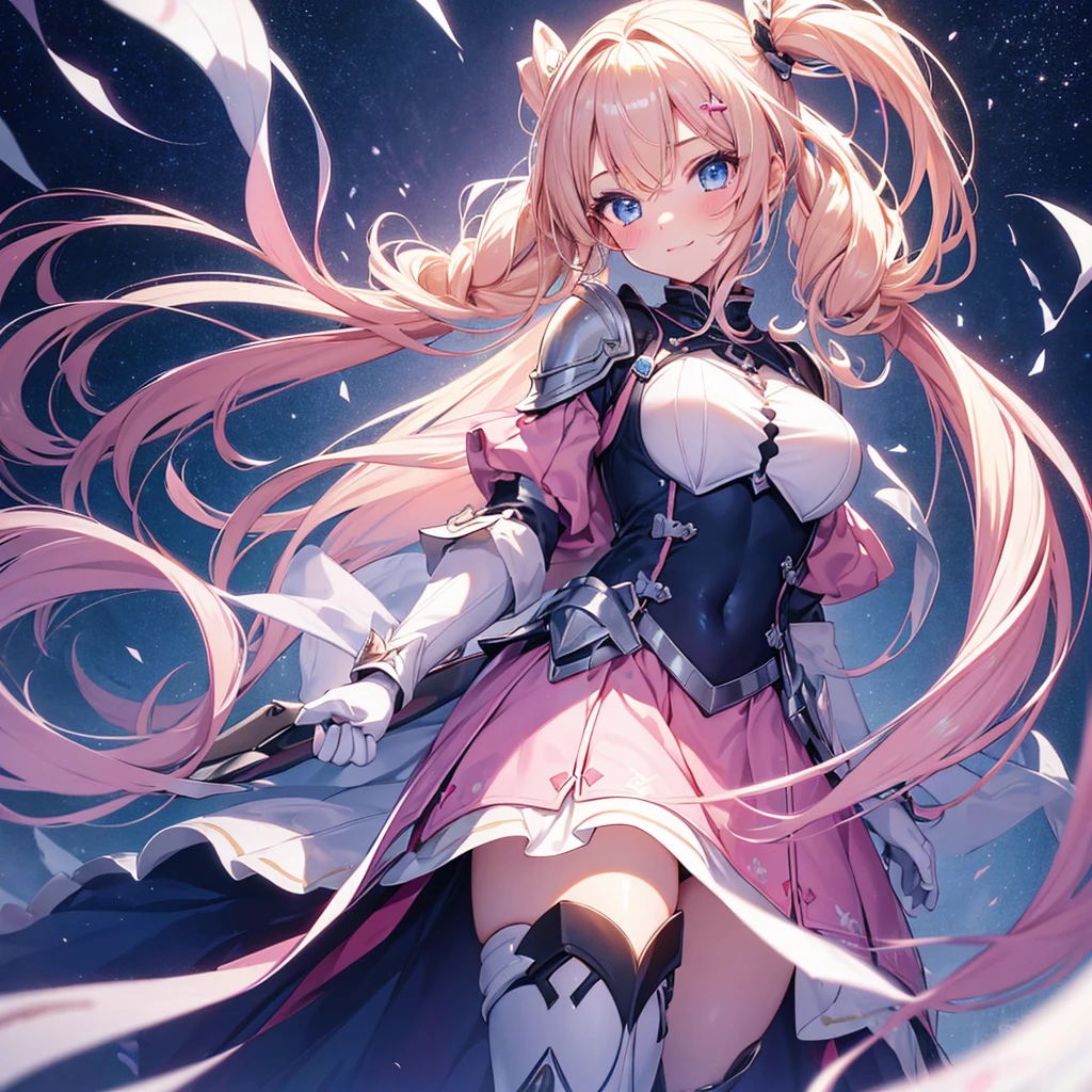 finely detailed beautiful girl, detailed 16k best quality, shiny hair, ultra-detailed beautiful shiny highlight clear eyes focus, simple white background, A girl in pink armor、Blushing、Blonde、Twin tails、Blue Eyes、laughing、Walking、