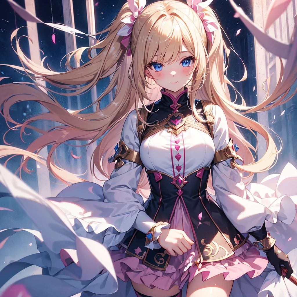 finely detailed beautiful girl, detailed 16k best quality, shiny hair, ultra-detailed beautiful shiny highlight clear eyes focus, simple white background, A girl in pink armor、Blushing、Blonde、Twin tails、Blue Eyes、laughing、Walking、