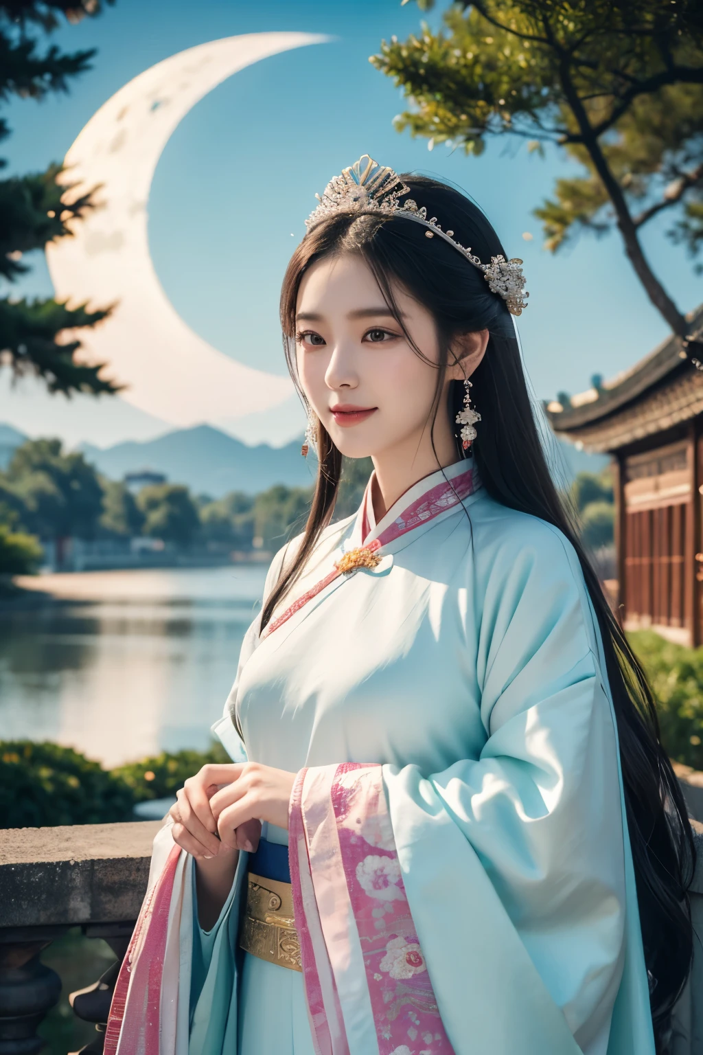 a beautiful woman in a colorful dress with a moon in the background, palace, godness, a girl in hanfu, happy smile, wearing ancient chinese clothes, ethereal beauty, inspired by Qiu Ying, white hanfu, inspired by Lan Ying, a beautiful fantasy empress, lunar goddess, a beautiful fantasy empress, ancient chinese princess, inspired by Luo Mu, masterpiece, UHD, 48K.