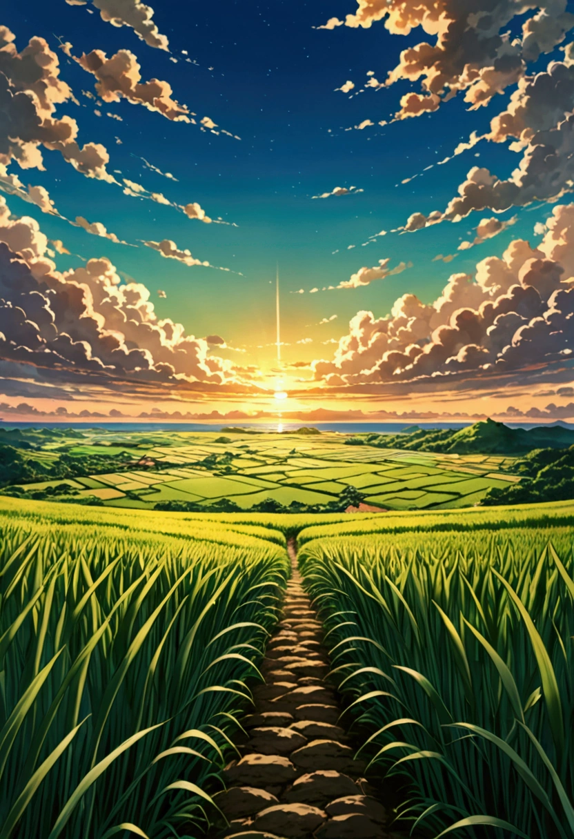 Summer evening、Beautiful sunset、Paddy field、The sea in the distance、((Ghibli anime)）, Fantasy, wonderful,