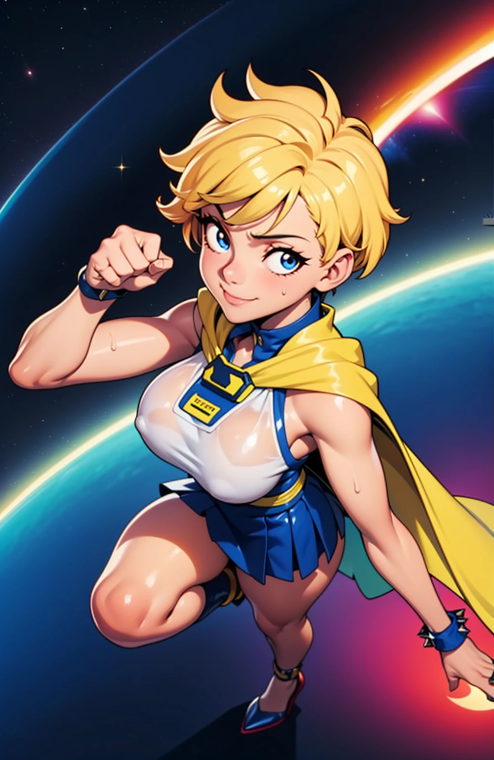 Digital painting of fresh girl with royal blue mixed yellow middle short hair, super hero, muscle girl, highschool skirt, pose, fist up, 1knee up, ((from above)), Behance Contest Winner, afrofuturism, Synthwave, neon, glowing neon, ((sagging massive breasts)), cape, sweat, glossy silky skin, smile, in space, Surrounded by a shining aura. Outer space background, Severe. masterpiece, Highest quality, employment. Diffraction Spikes, Particles of light.