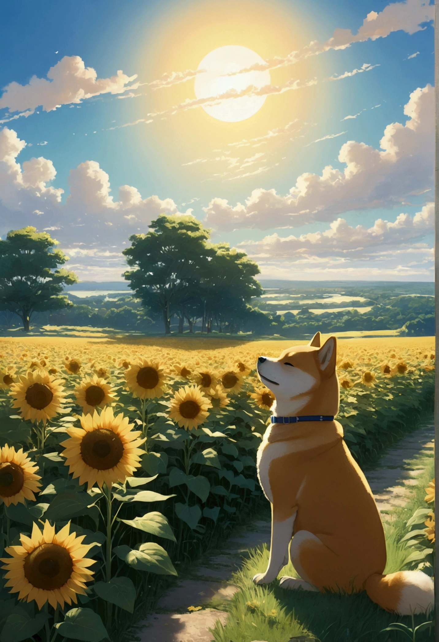 Makoto Shinkai Taste, Beautiful sky, Shiba Inu Puppy, ,Romantic Landscape, Healing scenes,hope, Summer Morning,sunflower, Makoto Shinkai Taste,Detailed Description,