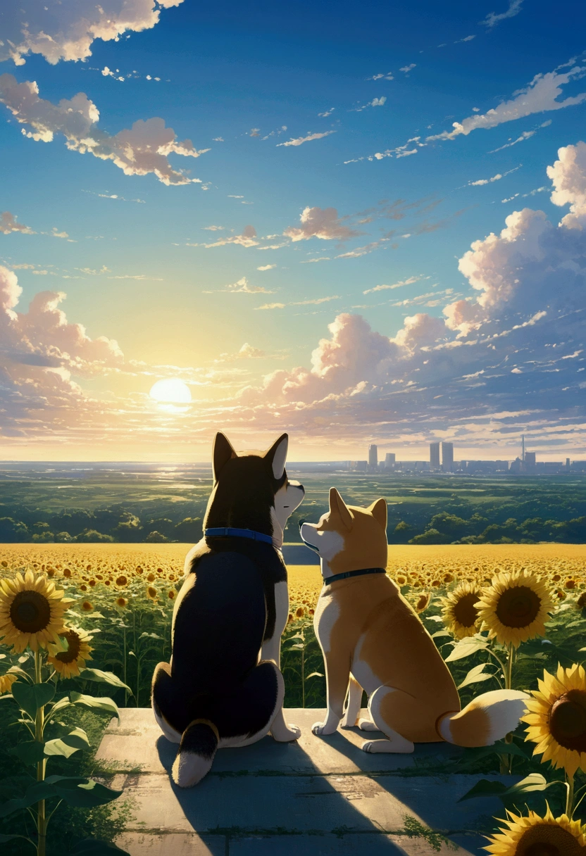 Makoto Shinkai Taste, Beautiful sky, Shiba Inu Puppy, ,Romantic Landscape, Healing scenes,hope, Summer Morning,sunflower, Makoto Shinkai Taste,Detailed Description,