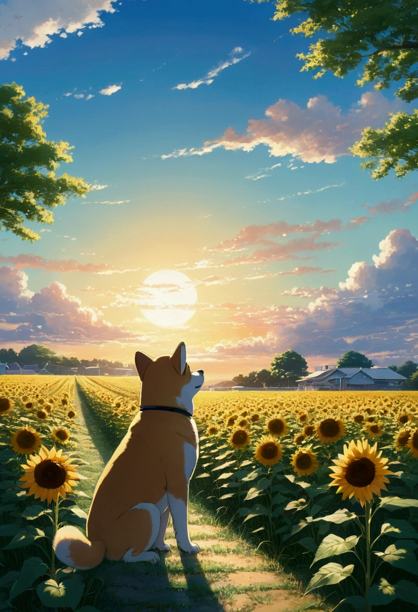 Makoto Shinkai Taste, Beautiful sky, Shiba Inu Puppy, ,Romantic Landscape, Healing scenes,hope, Summer Morning,sunflower, Makoto Shinkai Taste,Detailed Description,