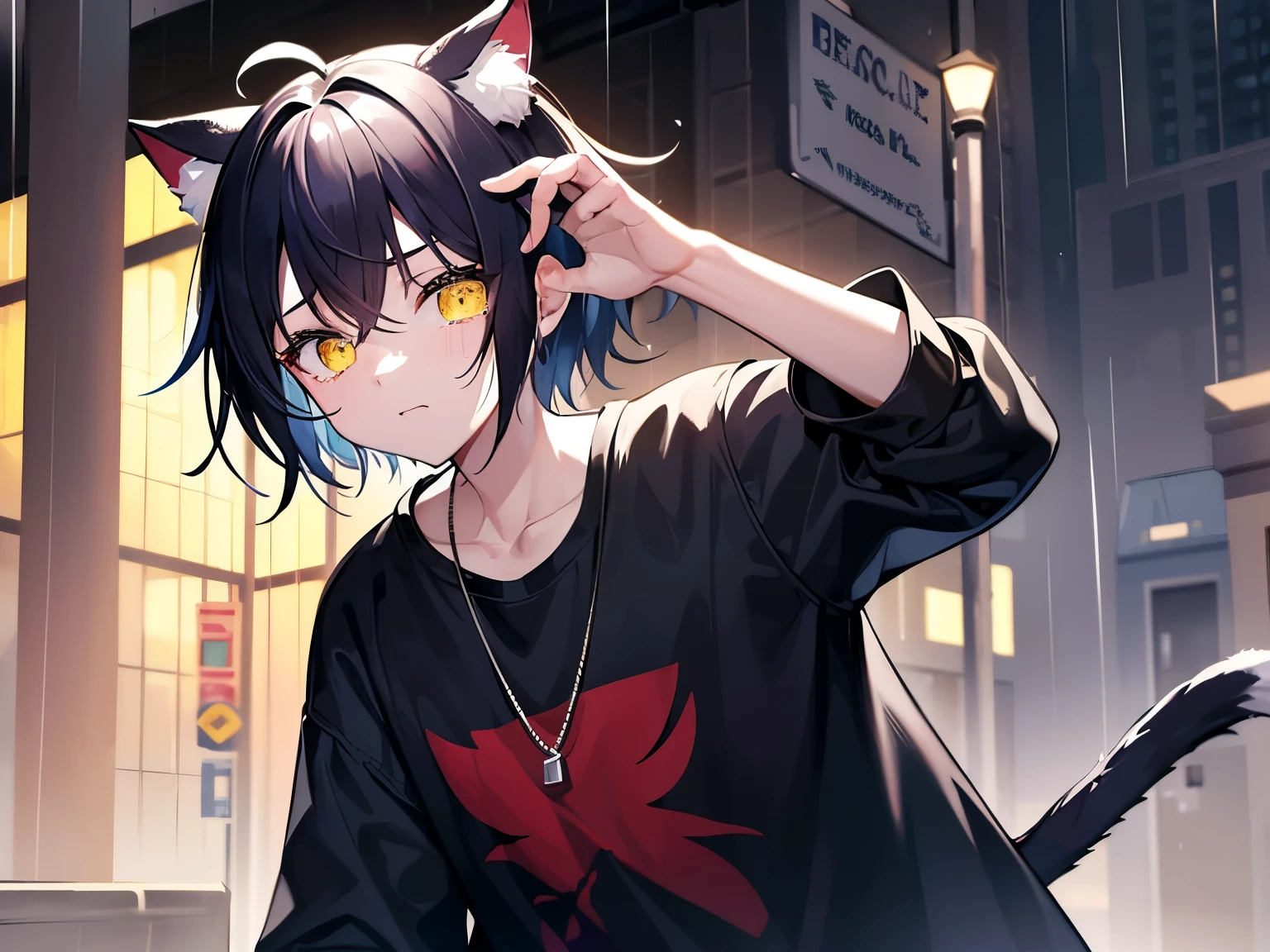 a boy, gradient_eyes, yellow eyes, upturned eyes, slit pupils, eyepatch, dark blue hair, short hair, side swept bangs, wearing a white tee shirt and a black jean, a red coat, cat ears, cat tail, sad, tears are rolling on is cheeks, crying under the rain in the street, weet clothes and hair, high details, high quality, best quality, highres