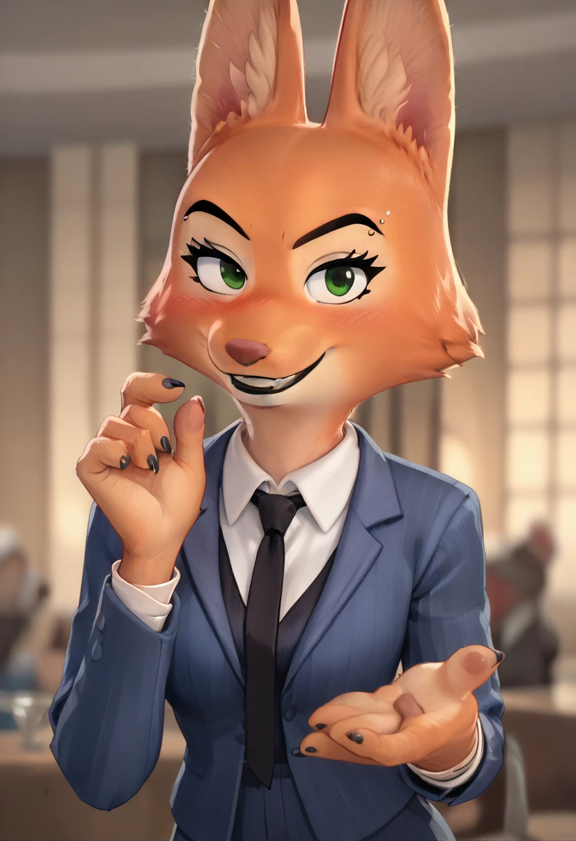 diane foxington, dark blue formal suit, red dark vermilion tie, right eyebrow piercing, green eyes, flirtatious smile, blush, perspiration, furry, orange body, eyeliner, three long eyelashes, looking at the viewer, affected expression, Four fingers, black nails