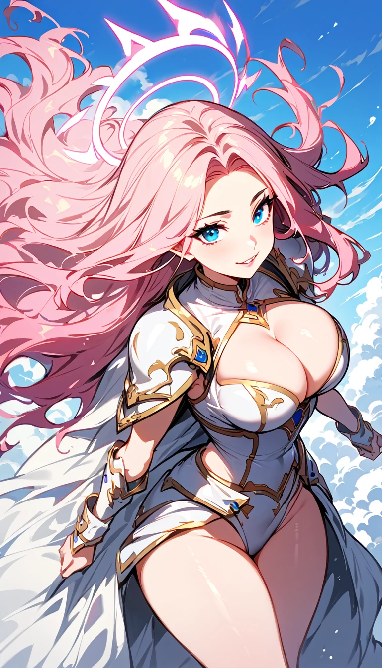 (high quality, 8k, 4K, high contrast, artwork:1.2, high quality, best aesthetics), (centered), ((1 woman)), , sensual, mature super detailed, beautiful face detailed, beautiful eyes detailed, detailed beautiful mouth, perfect breats, perfect wide thighs, (light pink hair, long light pink hair, wavy light pink hair), (blue eyes), (white medieval armor with pink details), (pink ruffed skirt), (shoulder pads), (cleavage on , (medium br (long white cape)hs showing), (pink angel halo), (calm expression), (standing), (looking at the viewer), (above the clouds), (clear blue sky), (front view)
