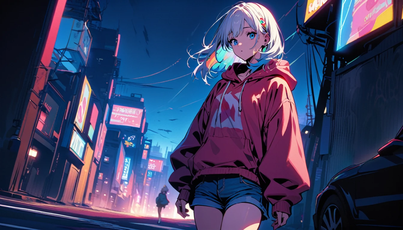 HD 8k Handsome sexy cute, Solitary, 1 female, Medium Length Hair, white hair, Rainbow hair, blue Eyes, Rainbow headphone, hoodie, colored hoodie, denim shorts, sneakers, Human focus, outdoor, blue night sky, background is 1980's Japanese Tokyo,