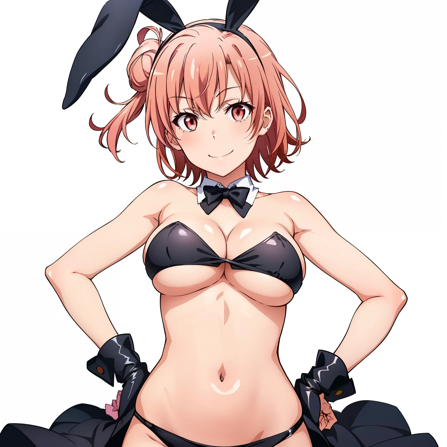 z3 max schultz (kancolle), 1girl, solo, breasts, looking at viewer, smile, short hair, bangs, simple background, brown hair, long sleeves, white background, navel, animal ears, brown eyes, red hair, small breasts, sailor collar, rabbit ears, wrist cuffs, fake animal ears, fishnets, meme attire, reverse outfit, reverse bunnysuit, bunny pose