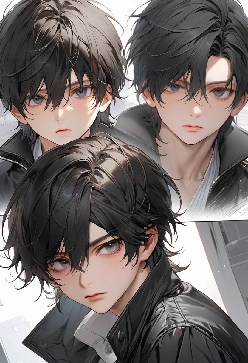 A ???, boy, handsome, black hair, short hair, mullet, black eyes, upturned eyes, expressionless, black jacket, anime, first-person view, masterpiece, anatomically correct, high details, highres, best quality, super detail