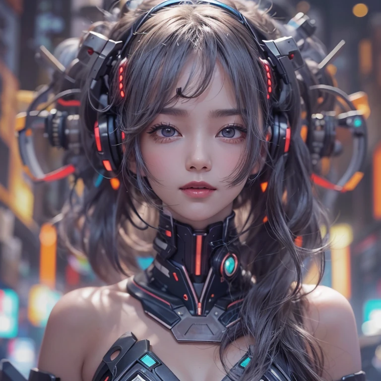 Futuristic space、Hair flow、 ((Highest quality、masterpiece、8K、Best image quality、Ultra-high resolution、Award-winning works)、(Accurate anatomy:1.1)、(Look at me and smile:1.1)、Shining fair skin with Ultra-high resolution、The most detailed face、Ultra-high resolution detailed face、Ultra-high resolutionの髪の毛、(Ultra-high resolutionの煌めく瞳:1.1)、Beautiful face drawn in every detail、(Blurred Background:1.1)、Cyberpunk Costume :1.3, Chest to chest, Diva singing microphone、