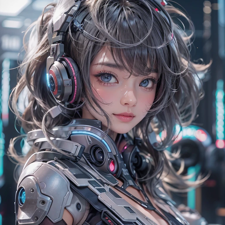 Futuristic space、Hair flow、 ((Highest quality、masterpiece、8K、Best image quality、Ultra-high resolution、Award-winning works)、(Accurate anatomy:1.1)、(Look at me and smile:1.1)、Shining fair skin with Ultra-high resolution、The most detailed face、Ultra-high resolution detailed face、Ultra-high resolutionの髪の毛、(Ultra-high resolutionの煌めく瞳:1.1)、Beautiful face drawn in every detail、(Blurred Background:1.1)、Cyberpunk Costume :1.3, Chest to chest, Diva singing microphone、