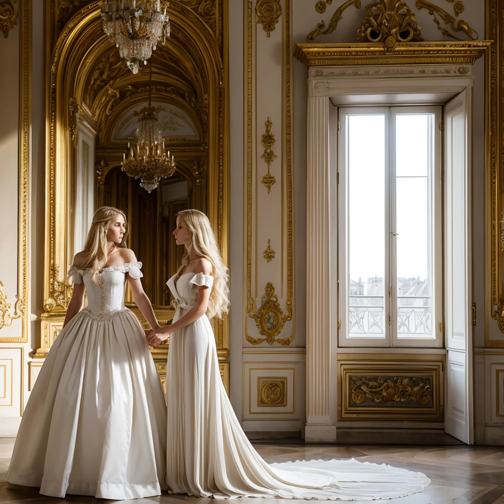 ((best quality)), ((masterpiece)), (detailed), ((couple)) 1woman, very long blonde hair, wearing summer dress, inside Versailles castle, Paris, France, with 1man, tall, muscular, dark short hair, wearing white shirt