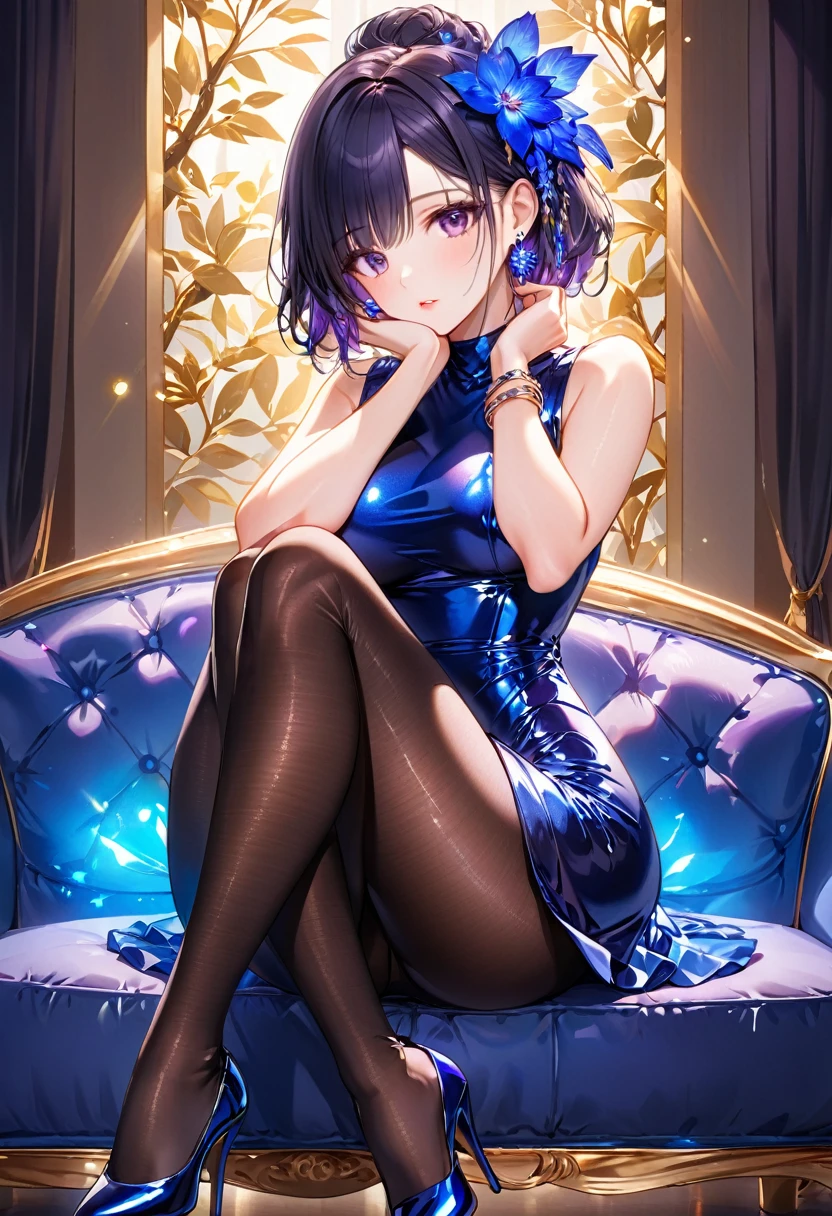 One young and beautiful woman,(Highest quality,Extremely detailed depiction,Incredibly absurd high resolution,Anatomically accurate depiction,A face with attention to detail, Eye for detail,Perfect body,Two curvaceous legs),(Glowing Skin,Shiny skin),Flower and willow woman,Gorgeous navy blue party dress,Shiny black pantyhose,eyelash,eye shadow,eyeliner,mascara,Luxury accessories,Earrings,Bracelet,Black high heels,Purple Eyes,(Sulky look:1.3),Condescending expression,Lift your chin,Glossy Lips,Sweat,whole body,sitting on a plush sofa with one&#39;s knees raised,resting one&#39;s arms on the back of the sofa,(From below:1.3)