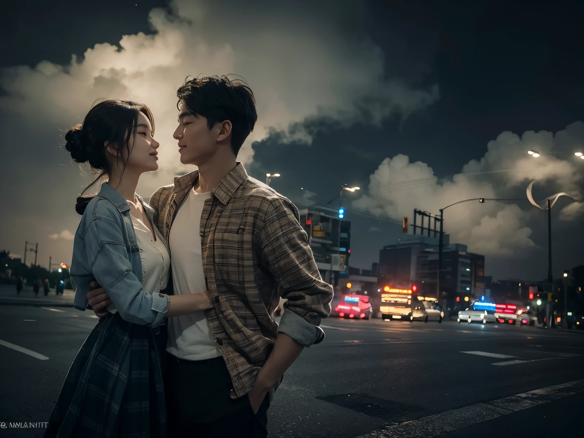 A striking, ultra-detailed image of a young Korean couple strolling hand-in-hand on a bustling night street. The man is dressed in a cozy flannel shirt,
while the woman is clad in a stylish, form-fitting dress. The city lights and traffic signals illuminate their surroundings, casting a warm, inviting glow. The couple's expressions convey a deep connection and passion, as they share a tender moment in the vibrant urban setting.