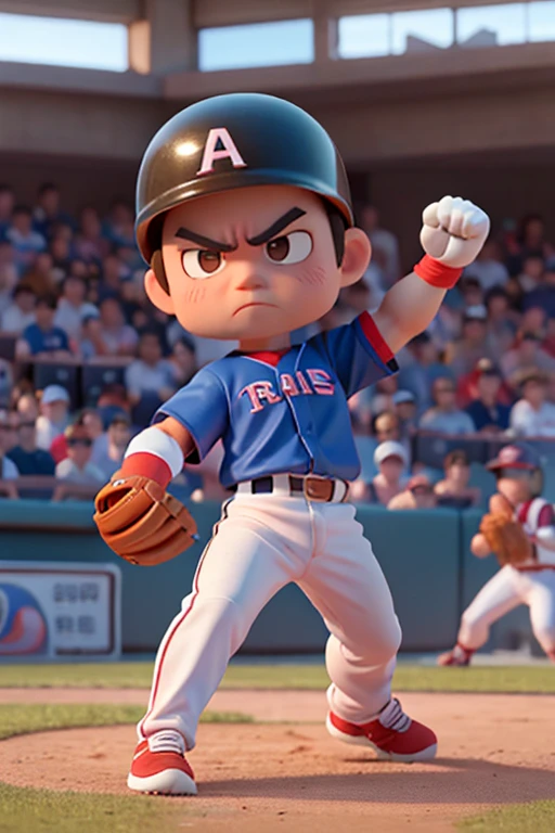 １male, alone, Ultra-high resolution,chibi, Frowning, Narrow eyes, Brown Hair, Brow wrinkles, muscle, Dynamic, baseball player, (野court), uniform, bat, Gloves, Helmet, baseball belt, During the game, Batter Box, Stance, court, audience, illumination, Tension, A look of determination, Powerful