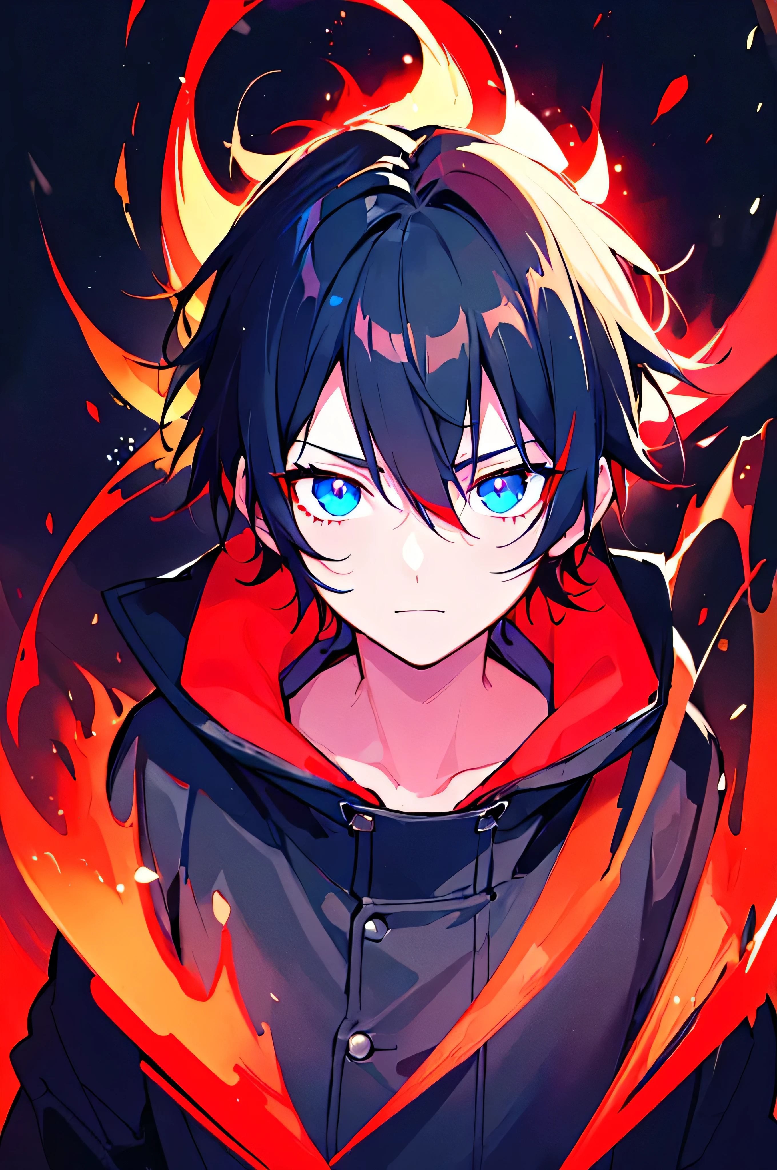 [(BLACK BACKGROUND:1.5),::5], ((((masterpiece)))), high quality, ultra very high resolution, full color, (((solo))), ((little boy)), black hair, ((red streaked hair)), blue eyes, anime, ((upper body)), neon light, black parka, (flame effect:1.2), blood effect