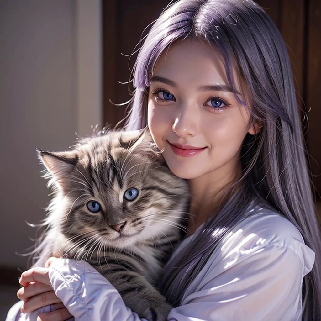 Here is an example of an AI image prompt:.。。：

「Beautiful woman like a realistic photo、It has double mottled purple eyes.、Smile gracefully with long silver hair、Create an image depicting a scene cuddling an adorable kitten。The woman&#39;s eyes shine dark purple、Long silver hair flutters gracefully in the wind.。kitten with fluffy fur、It&#39;s full of cuteness。The background is a bright space with natural light, creating a warm atmosphere..。」