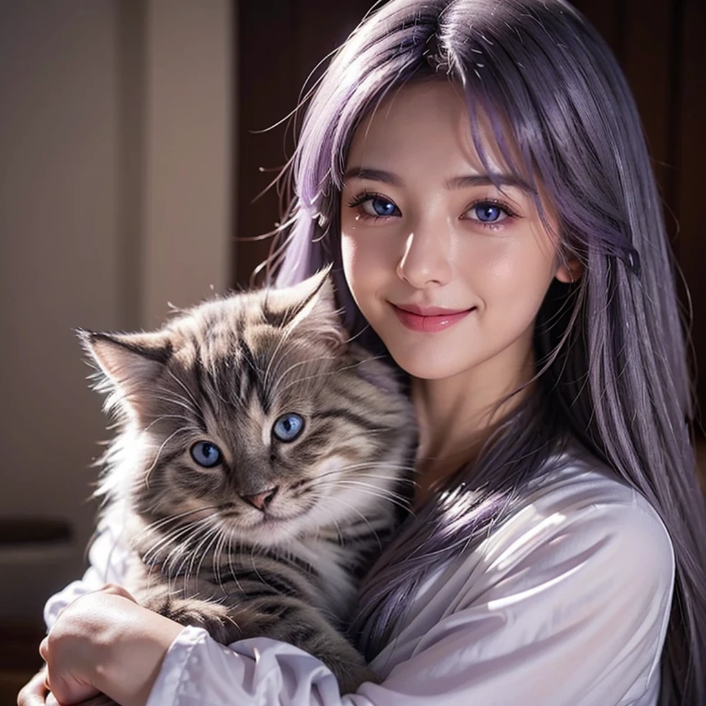 Here is an example of an AI image prompt:.。。：

「Beautiful woman like a realistic photo、It has double mottled purple eyes.、Smile gracefully with long silver hair、Create an image depicting a scene cuddling an adorable kitten。The woman&#39;s eyes shine dark purple、Long silver hair flutters gracefully in the wind.。kitten with fluffy fur、It&#39;s full of cuteness。The background is a bright space with natural light, creating a warm atmosphere..。」