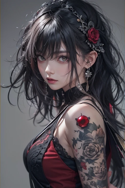 Highest quality、、masterpiece：1.3、Gothic Punk、Red on the inside、Gray Black Hair、hair ornaments、beautiful girl、creative、Punk Shirt、Neogoth、Goth Fashion：1.2、High resolution、masterpiece、Highest quality、頭w:1.3、((Hasselblad Photos))、Fine skin、Sharp focus、(Cinema Lighting)、Explore Tokyo&#39;The city at night beyond the neon lights, Forehead open, 、Petting&#39;Hair back、Shoulder Bare、Small red rose tattoo on the décolletage、Just one tattoo
